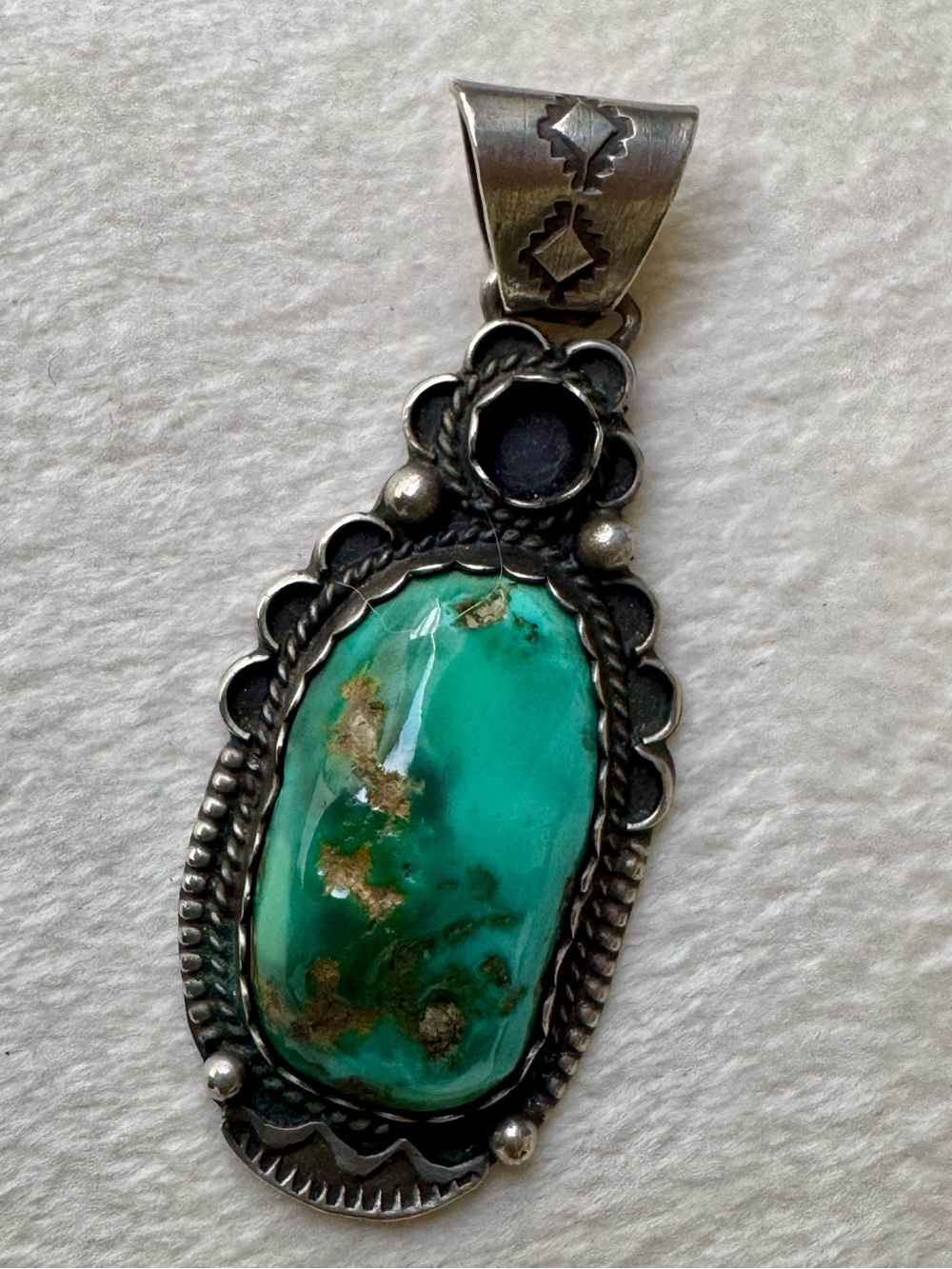 Navajo Richard C Jim Sterling Silver Shield Pendant Pilot Mountain Turquoise 11g